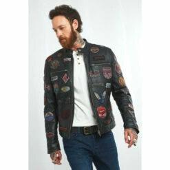 Joe Browns Patchwork Biker Badges Leather Jacket For Male
